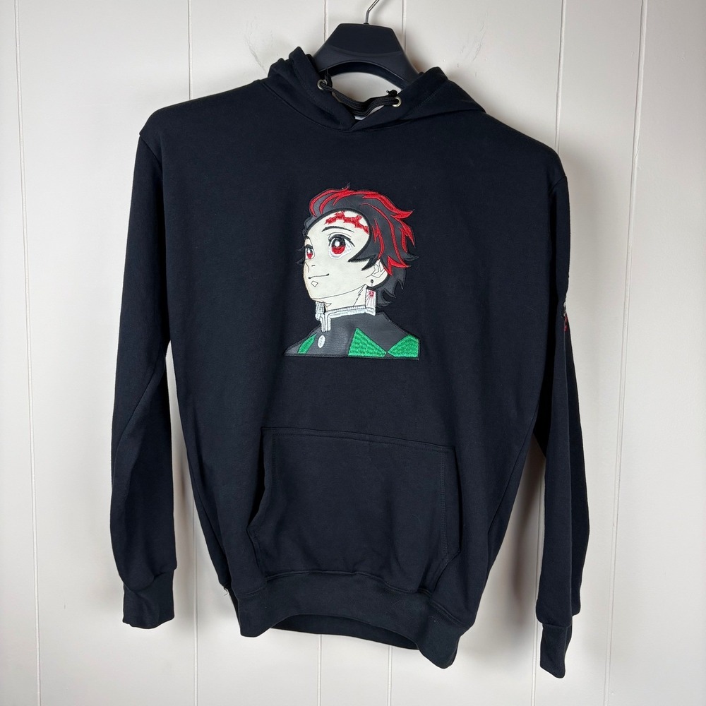 Demon Slayer Tanjiro Kamado Embroidered Black Hoodie Anime Pullover Sweatshirt L